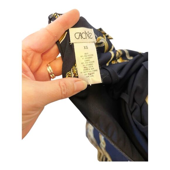 Cache VTG Rope Tassel Print Halter Dress XS Gold Metal Cinch Old Money Blue - Picture 5 of 5